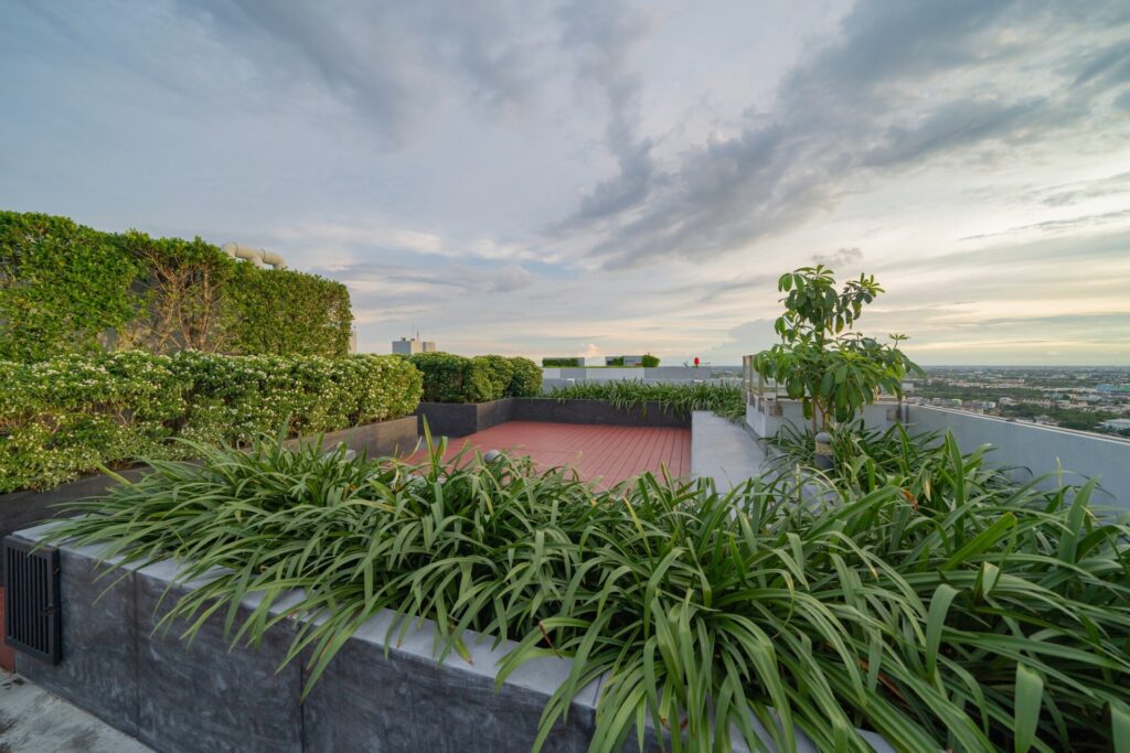 Sky garden on private rooftop of condominium or hotel, high rise architecture building, grass field